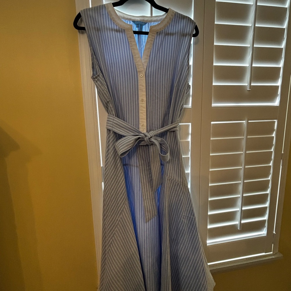 Draper James Blue and White Striped Sleeveless Midi Dress with Tie Waist